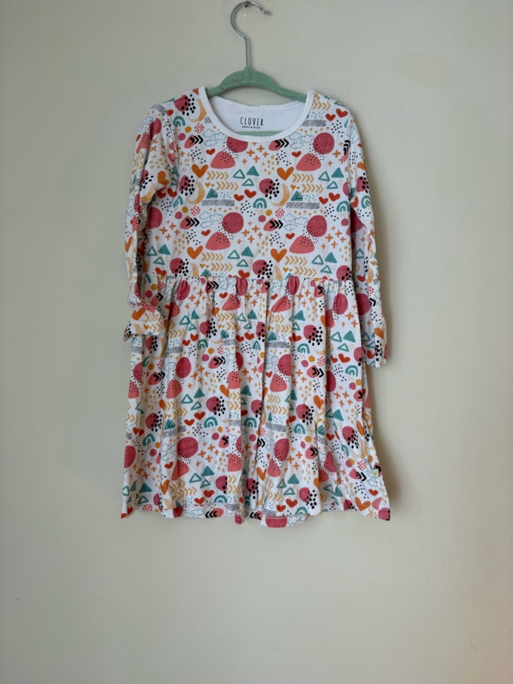 Clover Kids' Long Sleeve Heart & Shapes Dress - White with Coral & Teal Print